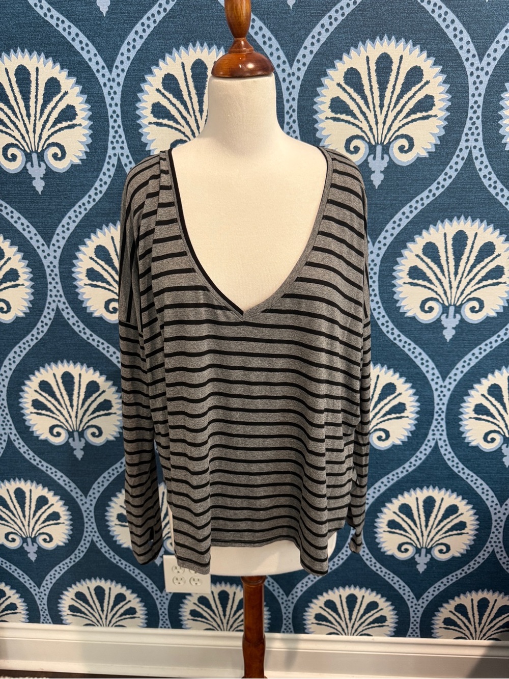 Feel The Piece Gray & Black Striped V-Neck Top